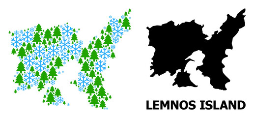 Vector mosaic map of Lemnos Island done for New Year, Christmas, and winter. Mosaic map of Lemnos Island is composed from snowflakes and fir-trees.