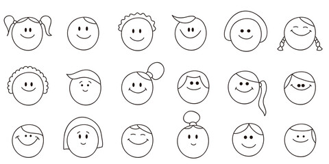 Set of smiling faces of people. Isolated on white background.