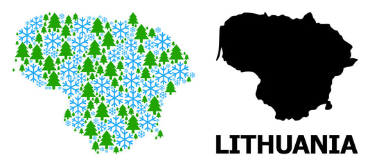 Obraz premium Vector mosaic map of Lithuania combined for New Year, Christmas, and winter. Mosaic map of Lithuania is shaped from snow flakes and fir forest.