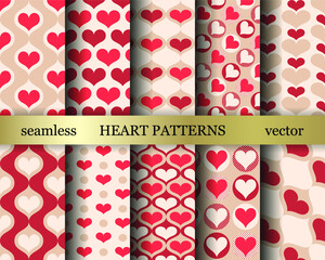 Set of seamless vector heart patterns. Collection of romantic Valentine's day background. For decoration, fabric, textile, wrapping, cover, design etc.