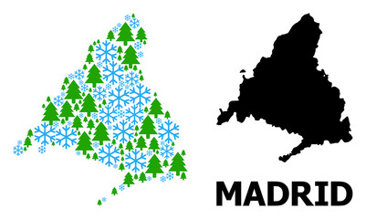 Obraz premium Vector mosaic map of Madrid Province organized for New Year, Christmas, and winter. Mosaic map of Madrid Province is done with snowflakes and fir trees.