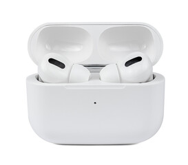 Wireless in-ear Headphones in Charging Case Isolated. White Glossy Wireless Headphones with...