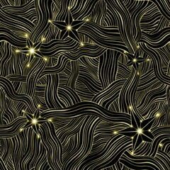 Seamless pattern with glowing golden stars and lines on black background.