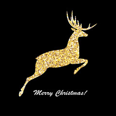 Merry Christmas and happy new year. Golden deer jumping, for print, card or holiday.