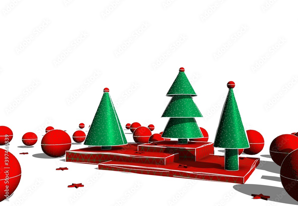 Fototapete Abstract 3d illustration of Christmas trees and New Year celebration. Green trees in different shapes standing on a platform with red spheres all around the ground. 