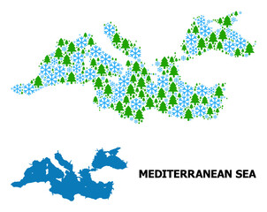 Vector mosaic map of Mediterranean Sea done for New Year, Christmas, and winter. Mosaic map of Mediterranean Sea is done of snow and fir forest.