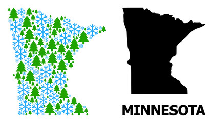 Vector mosaic map of Minnesota State created for New Year, Christmas, and winter. Mosaic map of Minnesota State is created of snowflakes and fir forest.