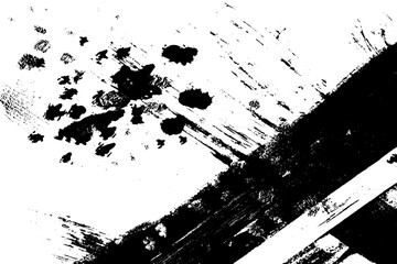 Grunge black and white. Monochrome texture of dirt, chips, and dust. Pattern of black scratches, scuffs on a white background. Abstract ink spot randomly arranged