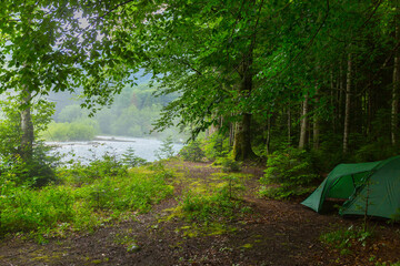 Beautiful scene with tourist tent on green mountain river shore..