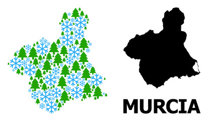 Obraz premium Vector mosaic map of Murcia Province organized for New Year, Christmas, and winter. Mosaic map of Murcia Province is made with snowflakes and fir forest.