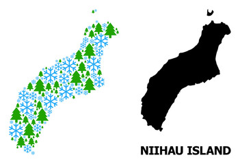 Vector mosaic map of Niihau Island designed for New Year, Christmas, and winter. Mosaic map of Niihau Island is designed with snow and fir-trees.