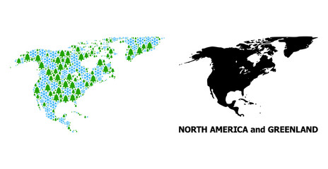 Fototapeta na wymiar Vector mosaic map of North America and Greenland done for New Year, Christmas, and winter. Mosaic map of North America and Greenland is done of snow and fir trees.