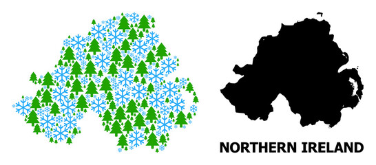 Obraz premium Vector mosaic map of Northern Ireland combined for New Year, Christmas, and winter. Mosaic map of Northern Ireland is organized with snowflakes and fir forest.