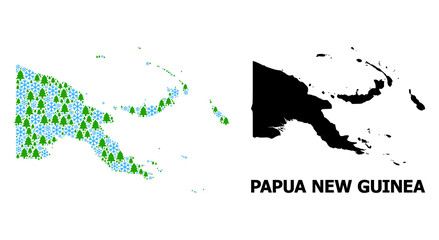 Vector mosaic map of Papua New Guinea organized for New Year, Christmas, and winter. Mosaic map of Papua New Guinea is organized of snow and fir-trees.