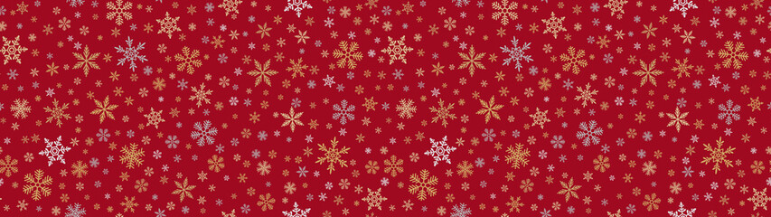 Snowflake border background. Vector seamless pattern with small gold and silver snowflakes on red. Luxury golden background. Winter holidays texture. Wide repeat design for decor, web, banner, print