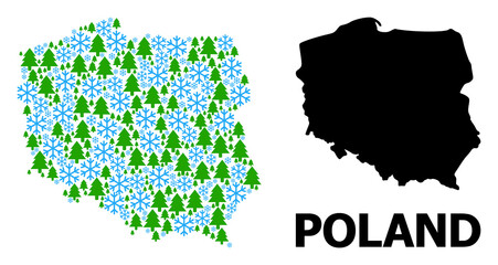 Vector mosaic map of Poland done for New Year, Christmas, and winter. Mosaic map of Poland is done of snow flakes and fir-trees. Winter related items are arranged into abstract mosaic map of Poland.