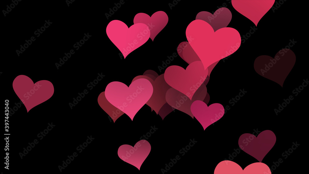 Poster abstract particles of red color in the shape of a heart on a black background flying in infinite spa