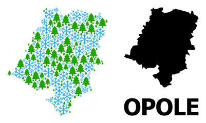 Vector mosaic map of Opole Province designed for New Year, Christmas, and winter. Mosaic map of Opole Province is constructed from snowflakes and fir forest.