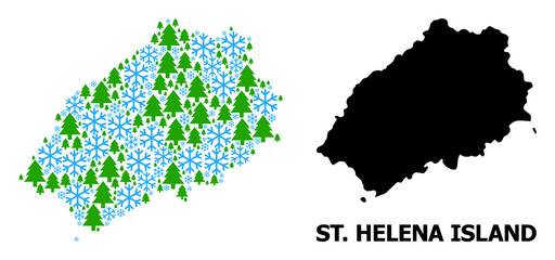 Obraz premium Vector mosaic map of Saint Helena Island created for New Year, Christmas, and winter. Mosaic map of Saint Helena Island is organized from snow flakes and fir-trees.