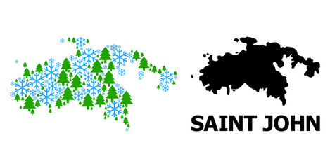 Fototapeta premium Vector mosaic map of Saint John Island done for New Year, Christmas, and winter. Mosaic map of Saint John Island is done of snow and fir trees.