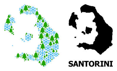 Obraz premium Vector mosaic map of Santorini Island organized for New Year, Christmas, and winter. Mosaic map of Santorini Island is done from snow and fir-trees.