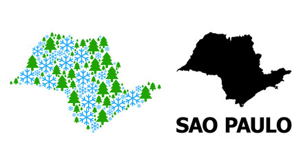 Fototapeta premium Vector mosaic map of Sao Paulo State created for New Year, Christmas, and winter. Mosaic map of Sao Paulo State is created from snow and fir trees.