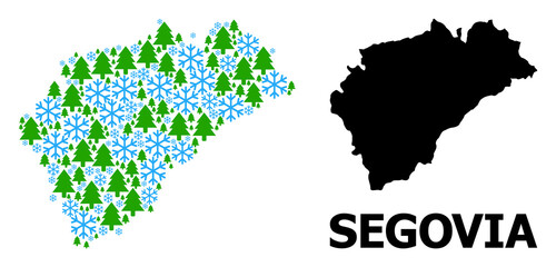 Obraz premium Vector mosaic map of Segovia Province created for New Year, Christmas, and winter. Mosaic map of Segovia Province is organized with snow and fir trees.