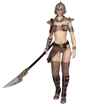 Female Fantasy Barbarian Hunter with Spear, 3d digitally rendered fantasy illustration