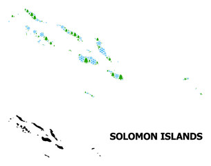 Vector mosaic map of Solomon Islands done for New Year, Christmas, and winter. Mosaic map of Solomon Islands is done with snow and fir trees.