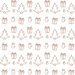 Happy new year 2021, Merry Christmas vector seamless pattern with Christmas tree, gifts, Christmas tree toys, Christmas gloves. Design for wrapping, fabric, print.