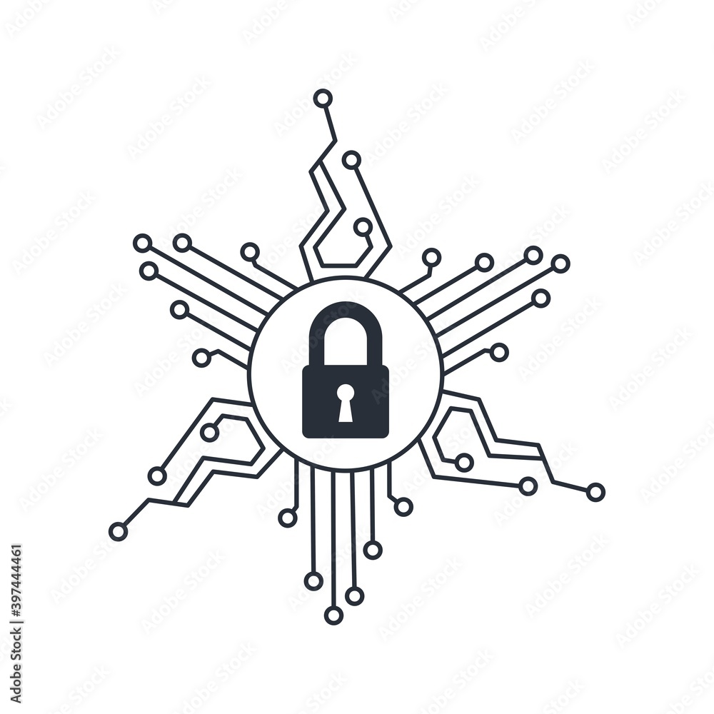 Aufkleber lock and microcircuit. cybersecurity concept. vector icon isolated on white background.