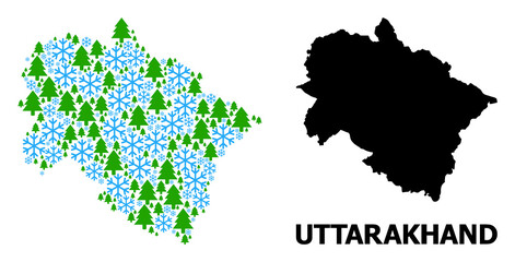 Obraz premium Vector mosaic map of Uttarakhand State combined for New Year, Christmas, and winter. Mosaic map of Uttarakhand State is designed from snowflakes and fir-trees.