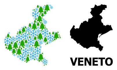 Vector mosaic map of Veneto region designed for New Year, Christmas, and winter. Mosaic map of Veneto region is designed from snow flakes and fir trees.