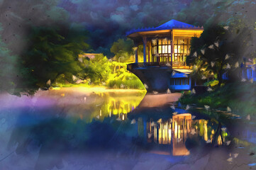 Beautiful landscape with pavilion on the water