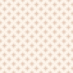 Simple vector seamless pattern with tiny curved shapes, small crosses, mesh. Subtle abstract geometric background in beige color. Vintage texture. Repeat design for decor, print, textile, wallpapers