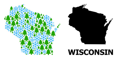 Vector mosaic map of Wisconsin State designed for New Year, Christmas, and winter. Mosaic map of Wisconsin State is designed of snow and fir forest.