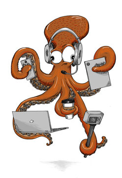 A distracted octopus holds a mobile phone, a laptop computer, a tablet, and a coffee while filming himself with a video camera on a self stick.