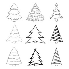 Christmas trees outline set. Contour of pines for xmas card or invitation. Fir tree illustration isolated on white background. Symbol of december. Collection of seasonal pine design.