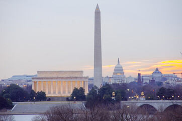 Washington D.C. skyline at sunrise with the National Monuments The Capitol, Lincoln Memorial and...