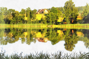 Village on the lake beautiful view colorful painting looks like picture.