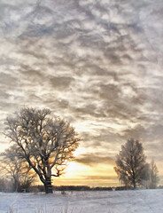 Fototapeta na wymiar Beautiful winter landscape colorful painting looks like picture.