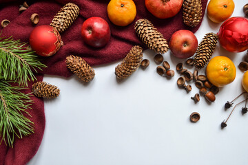 Christmas flat lay with decorative elements. Copy space