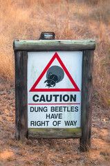 Humorous caution sign in park warning about dung beetles crossing the road and having the right of way. South Africa