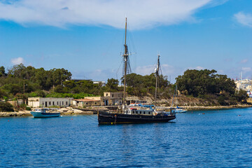 Fototapeta na wymiar Ship moored in Marsamxett Harbour close to Manoel Island in Gzira, Malta.