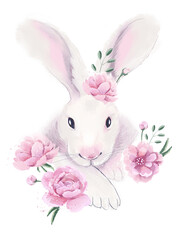 Easter illustration with bunny and flowers. Cute rabbit drawing for poster or postcard