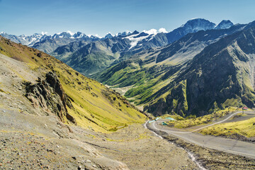 Fototapeta na wymiar Sunny view of stone valley from mountain Elbrus, North Caucasus, Kabardino-Balkaria, Russia.