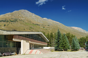 Sunny view of Cheget village near mountain Elbrus, North Caucasus, Kabardino-Balkaria, Russia.