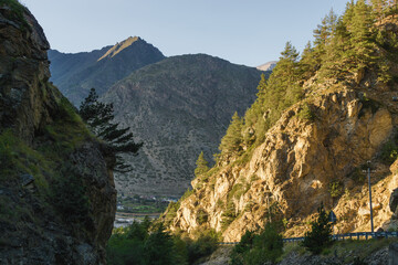Sunset view of mountains near mountain Elbrus, North Caucasus, Kabardino-Balkaria, Russia.