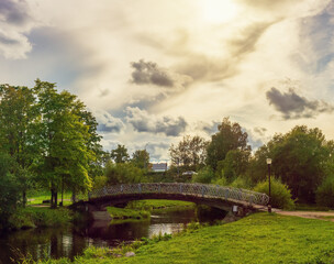Fototapeta na wymiar Footbridge over a river in a green city park in summer