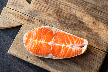 salmon fish raw seafood second course snack ready to eat on the table healthy meal snack ingredient top view copy space for text food background rustic pescetarian diet 